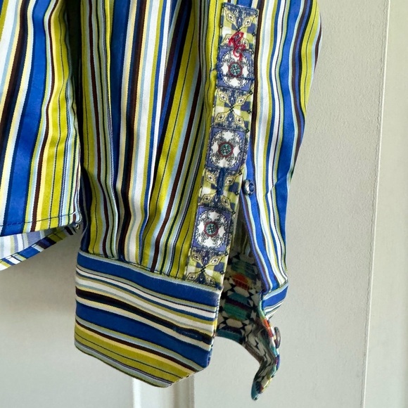 ROBERT GRAHAM Men Lime GreenBlackBlue Striped ButtonUp Cotton Silk Like Shirt-LG - Picture 7 of 11